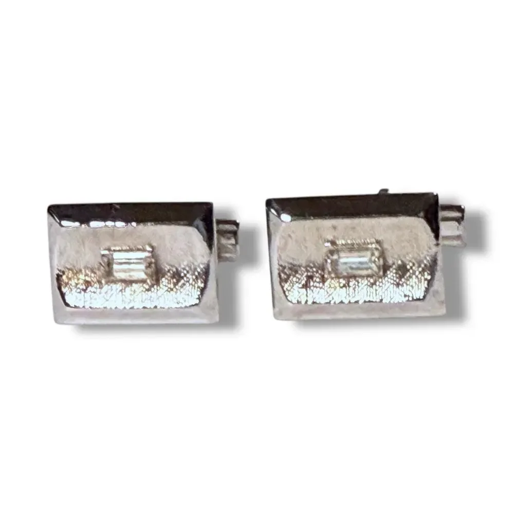 VTG Pioneer Cufflinks Mens Silver Tone Emerald Cut Glass Jewels Bullet Locking